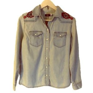 BDG long sleeve button up embroidered chambray top